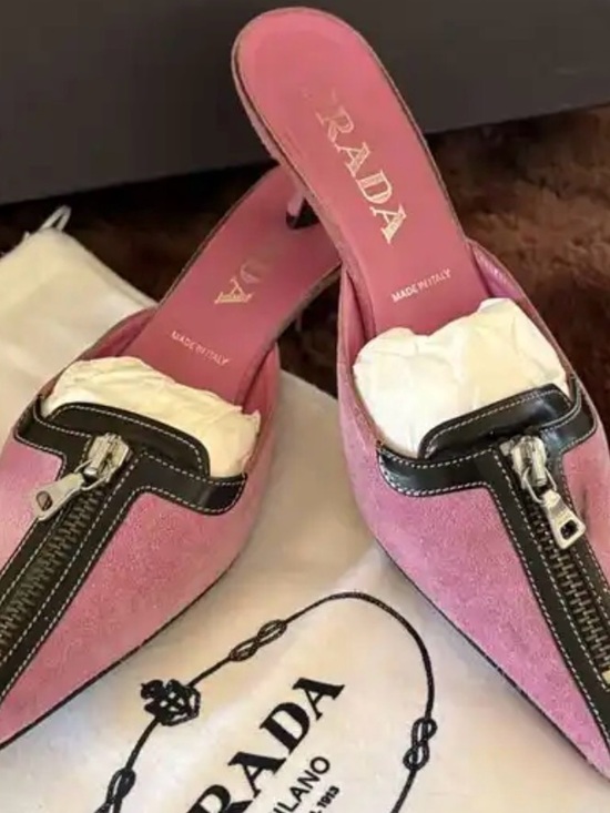 Prada Shoes - Prada Pink Suede Pointed Mule with Black Leather Zip Trim
